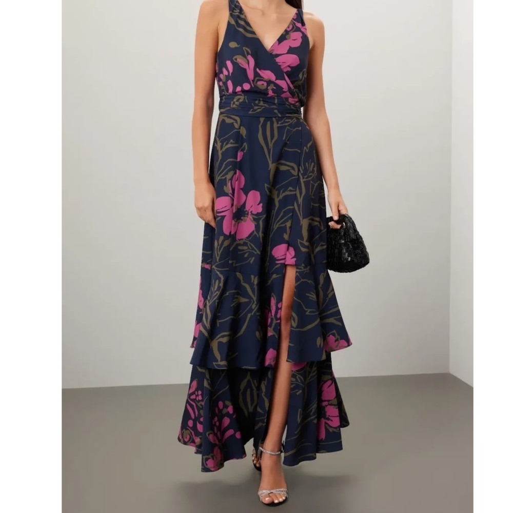 Slate & Willow Navy Pink Floral Tiered Maxi Dress Sleeveless V-Neck Slit XL c5